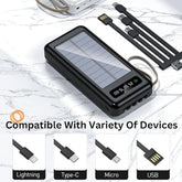 All-in-one solar power bank showing 4 built-in charging cables: Lightning, Micro-USB, USB-C, and USB-A